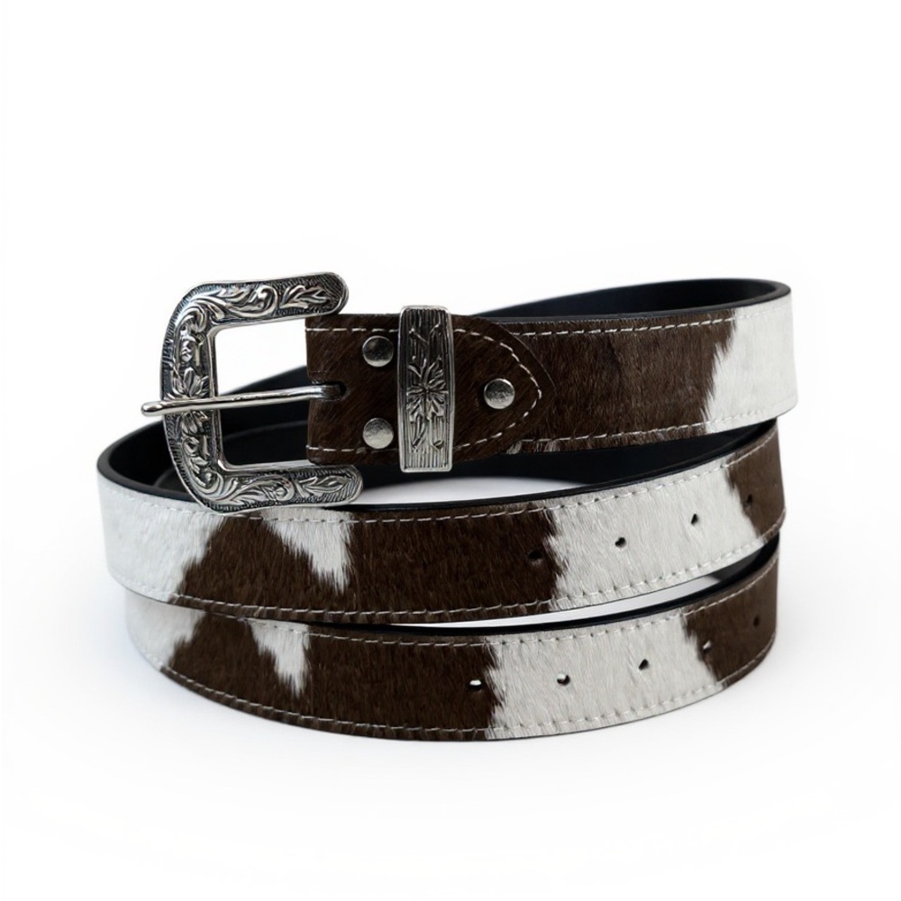 Cowhide Leather Belt with Intricate Silver Buckle